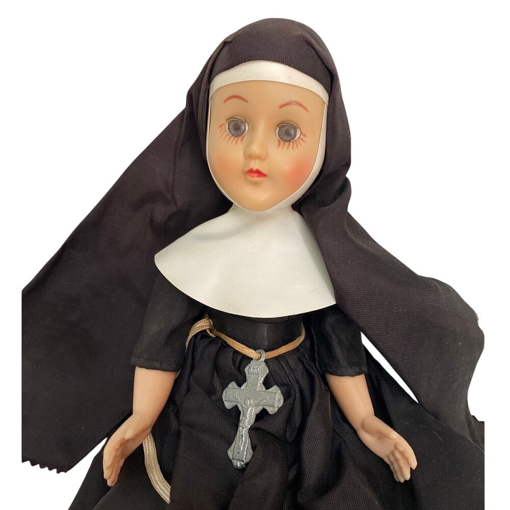 Catholic Nun 11" Plastic Doll Black and White Rosary Vintage 1970s Habit Rosary